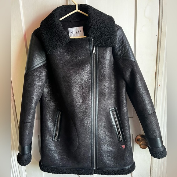 Guess Black Faux Leather Shearling Aviator Jacket Size M- Moto Biker Style - Picture 3 of 6